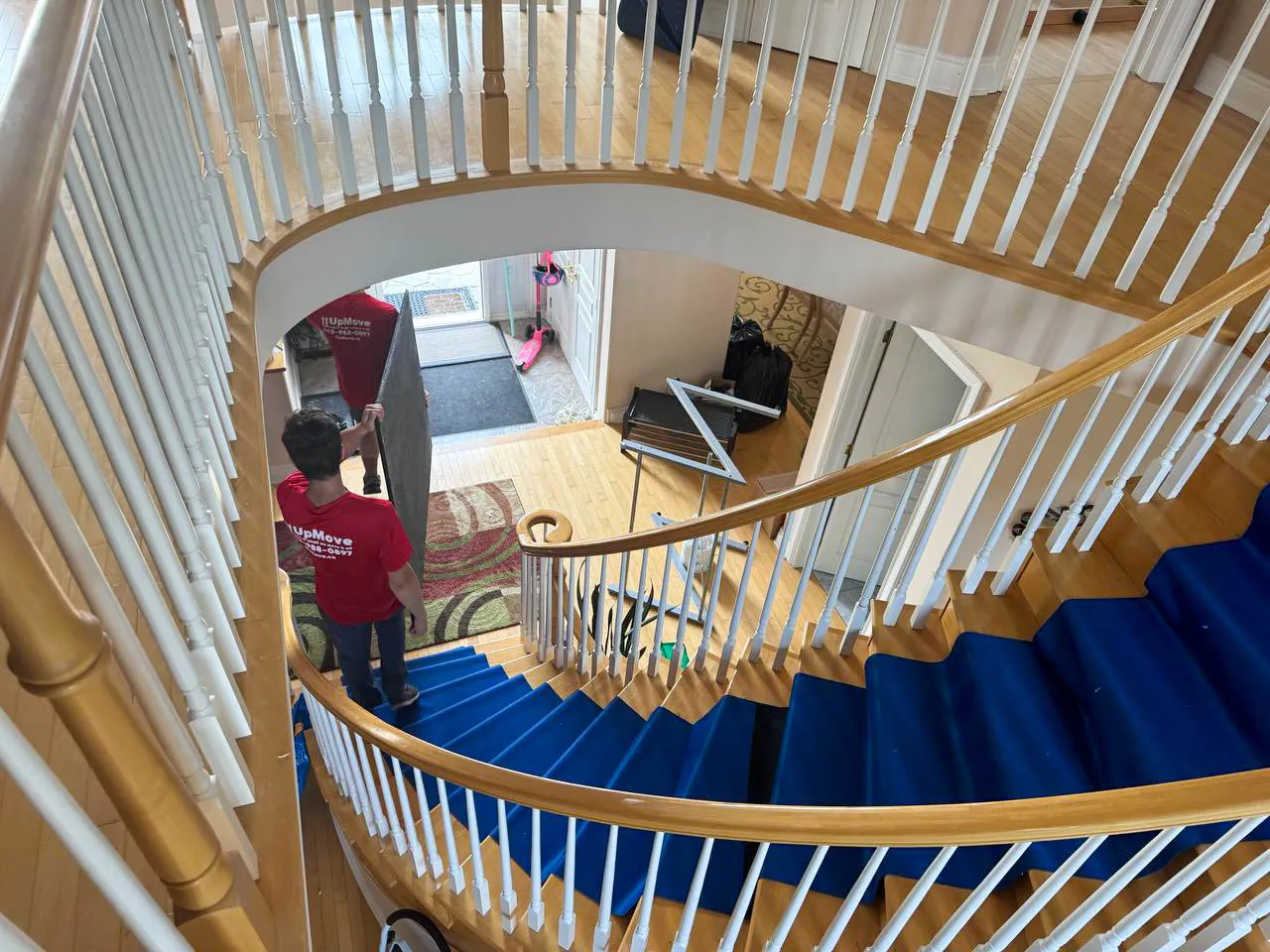 Two movers in red shirts carrying a large item down a curved staircase with blue carpet runners.