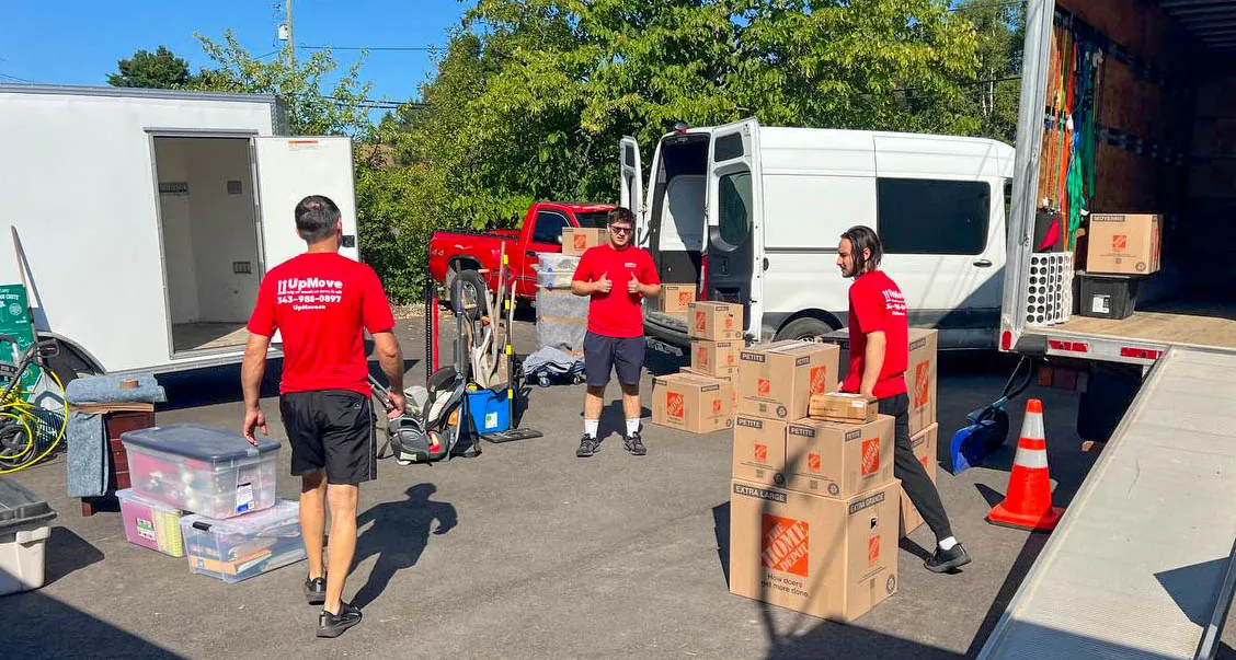 Three movers in red shirts organizing cardboard boxes and plastic bins outside white moving vans on a sunny day.
