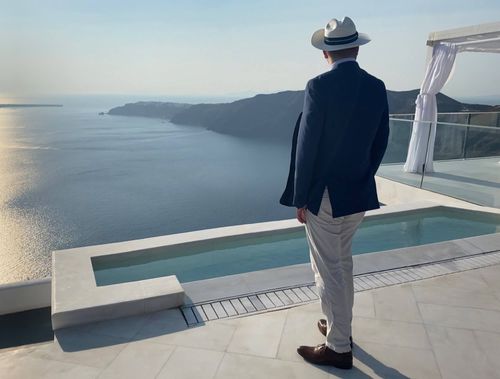 Dakota overlooking caldera in Santorini, Greece