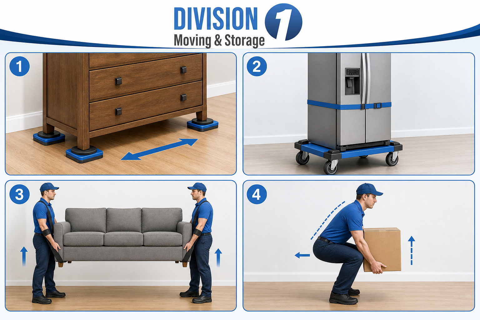 Infographic showing furniture sliders, an appliance dolly, lifting straps, and proper squat lifting posture for moving heavy furniture safely