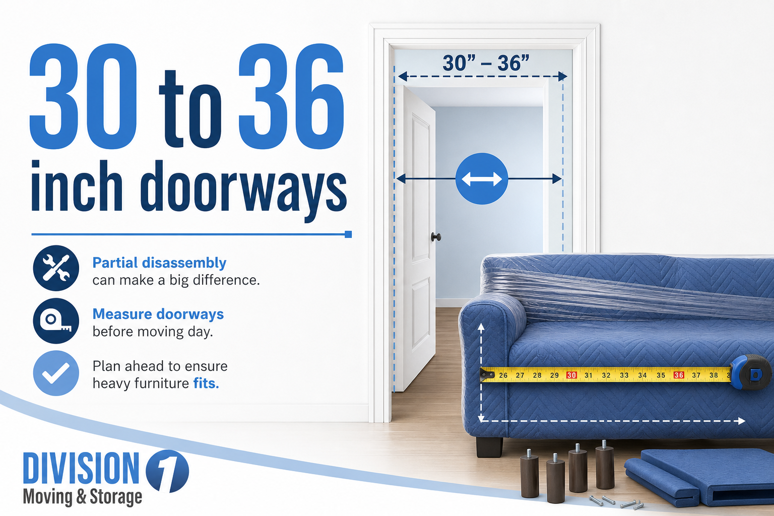 Wrapped couch measured beside a doorway with large text reading “30 to 36 inch doorways”