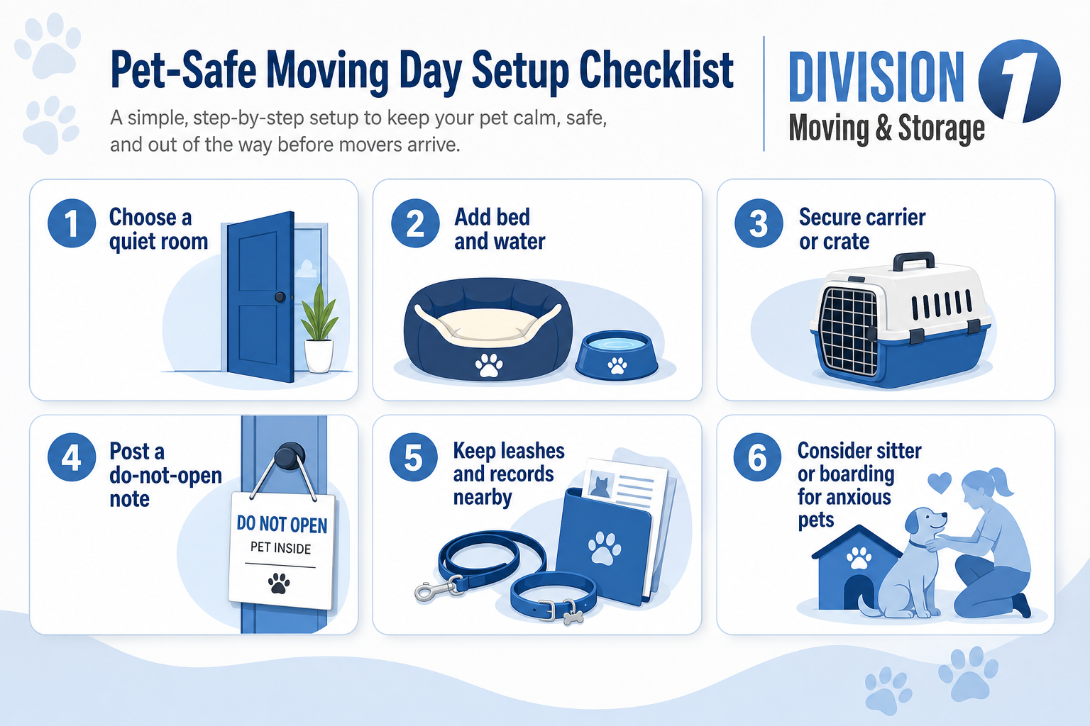 Numbered checklist for a pet-safe moving day setup: quiet room, bed and water, crate, do-not-open note, and leashes nearby