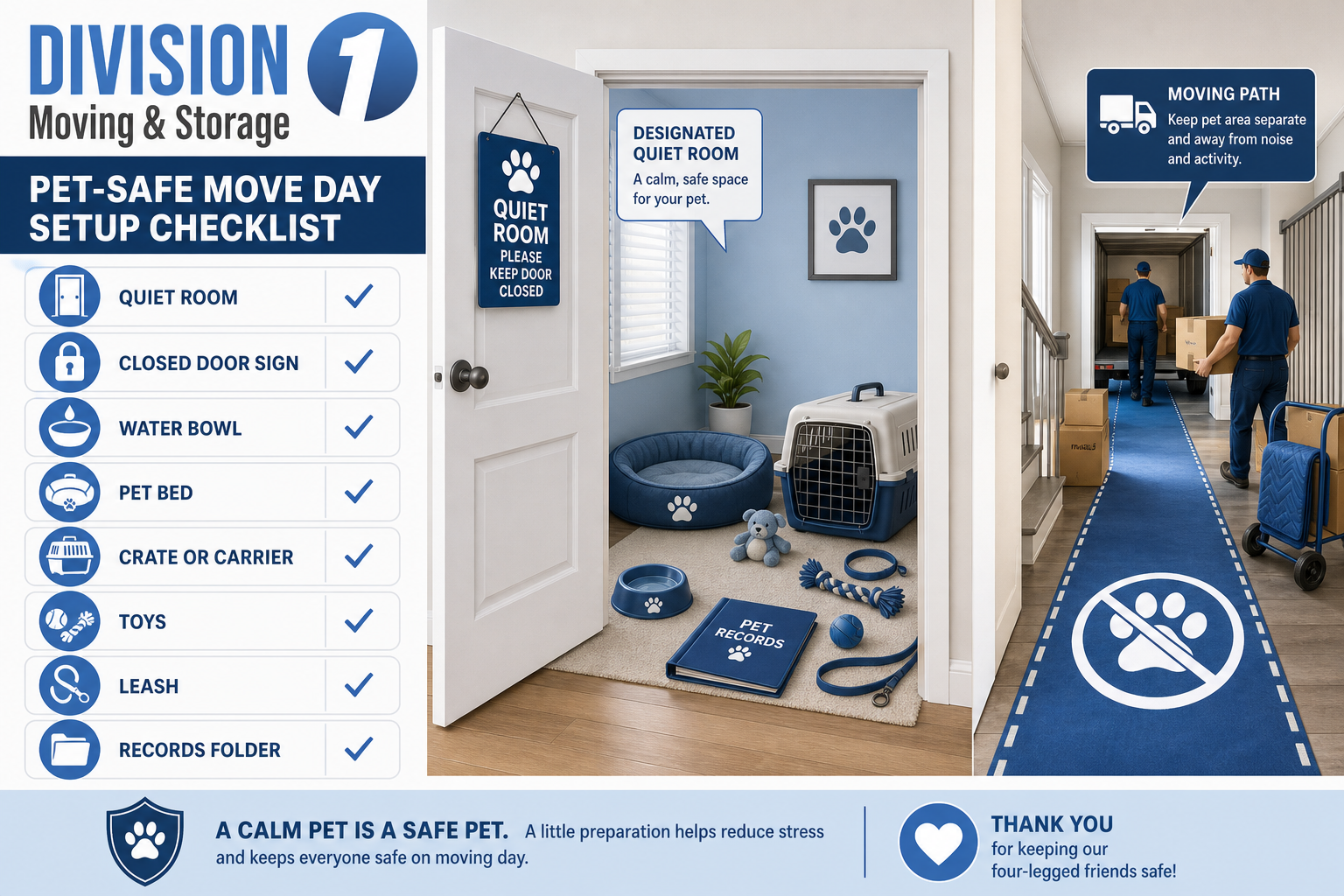 Checklist for a pet-safe move day setup with quiet room, carrier, water, bed, toys, leash, and records folder
