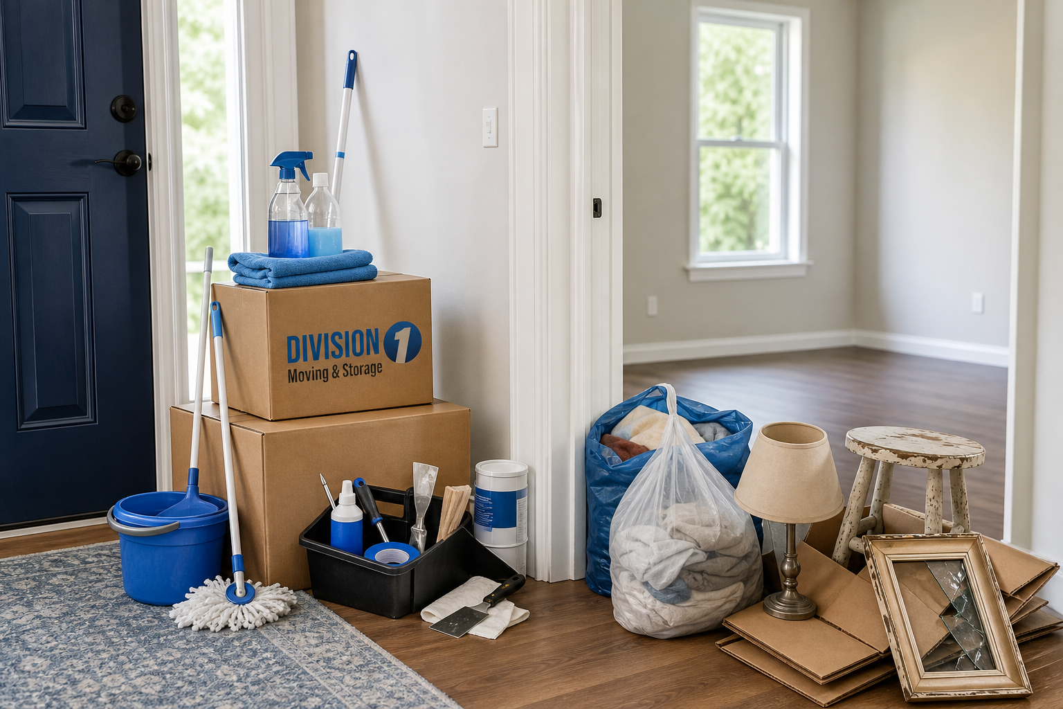 Cleaning supplies, repair kit, donation bags, and discarded items sit by packed boxes in an empty apartment before move-out.