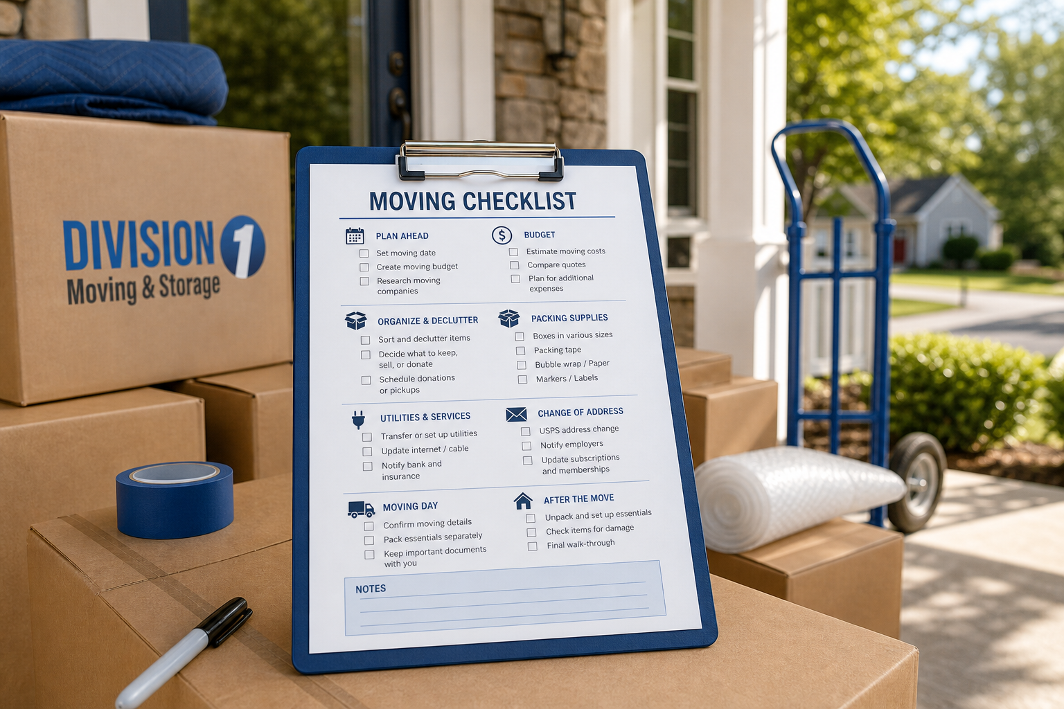 Clipboard moving expenses checklist on stacked boxes beside a sunny home entrance, with packing supplies and a dolly nearby