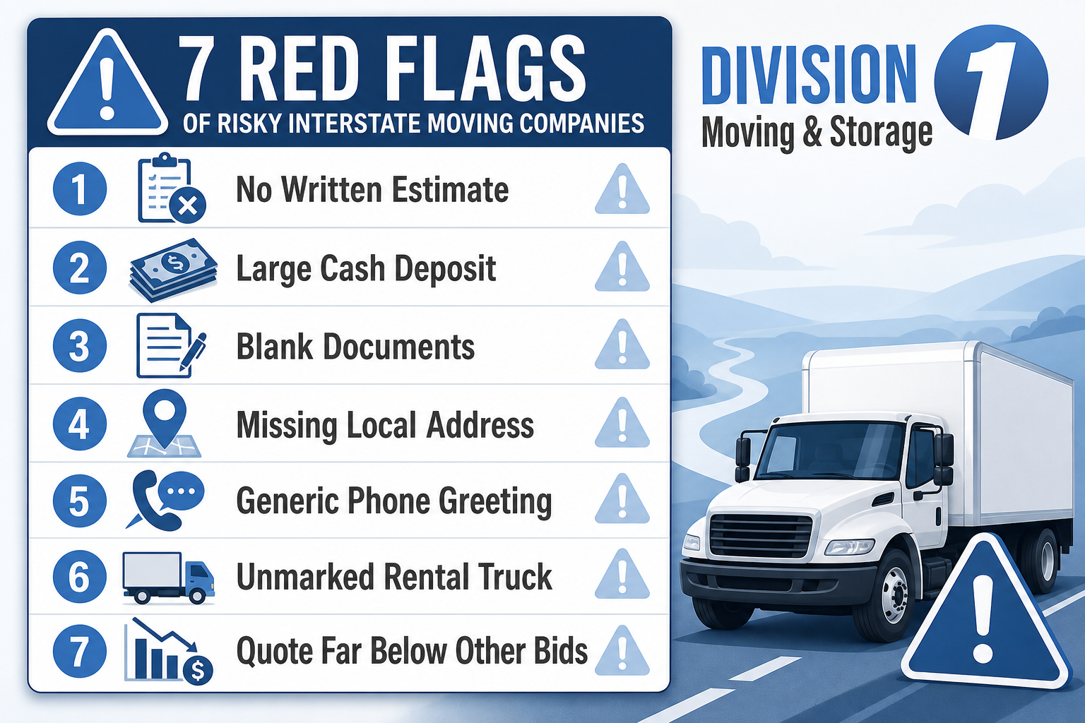 Checklist infographic warning of risky interstate movers: no estimate, cash deposit, blank forms, missing address, and low quote