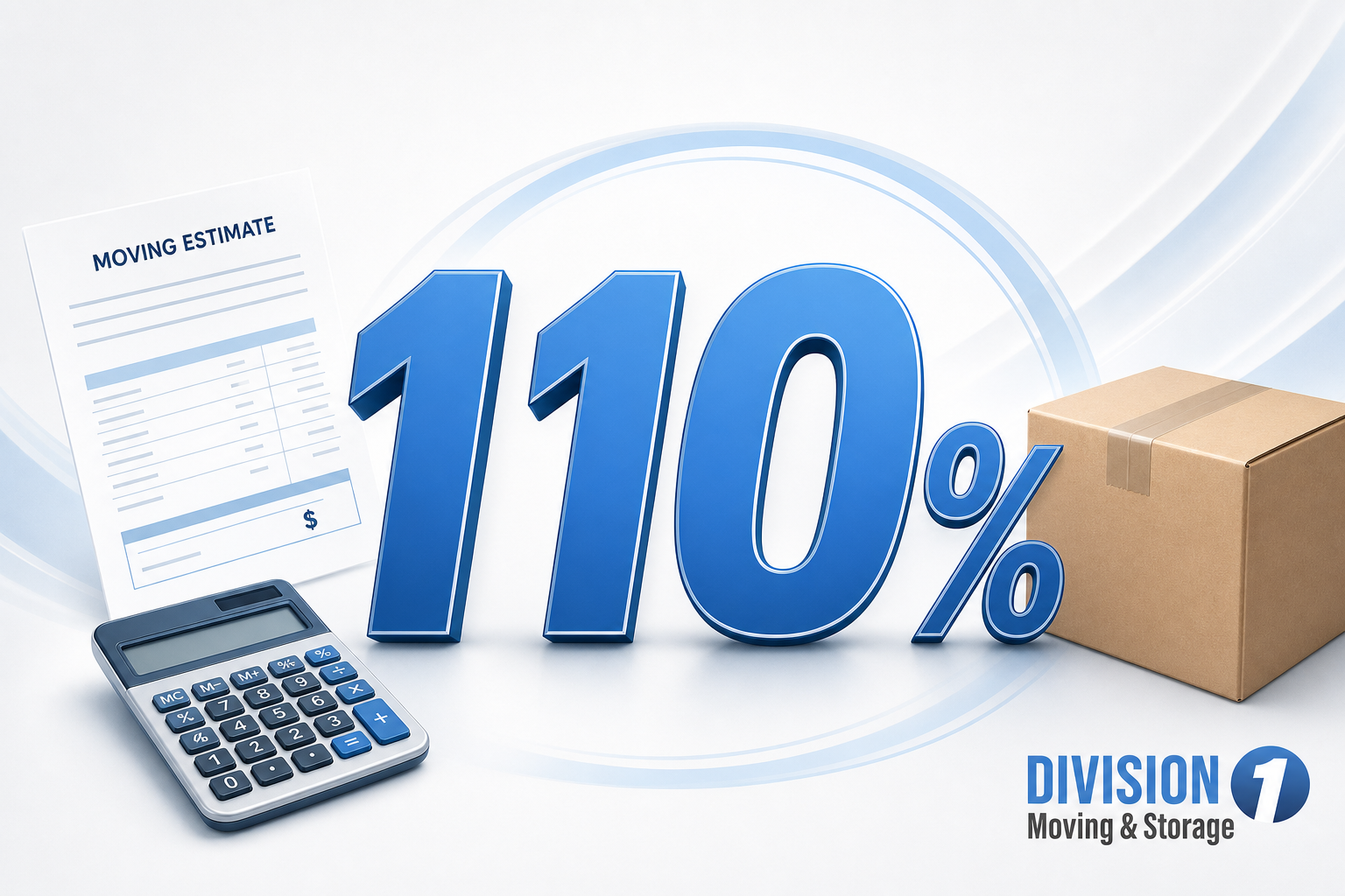 Centered 110% with a moving estimate, calculator, and sealed box illustrating the non-binding estimate limit for interstate movers