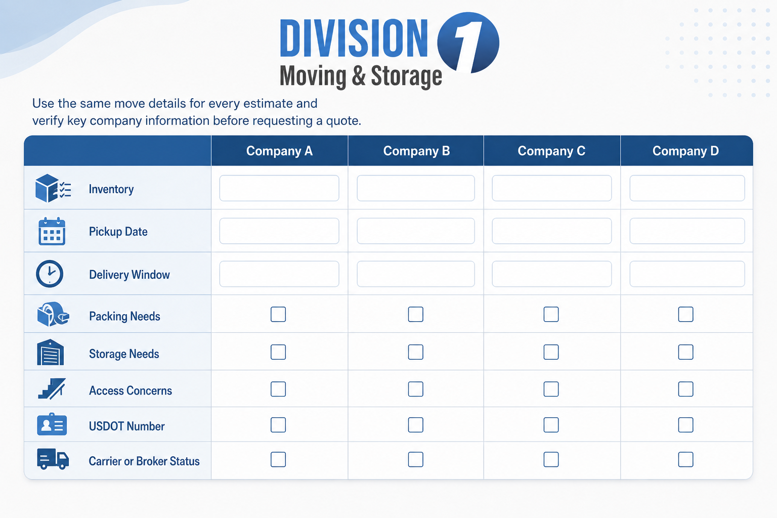 Comparison checklist for interstate movers with columns for companies and rows for inventory, dates, packing, storage, access, USDOT, and status