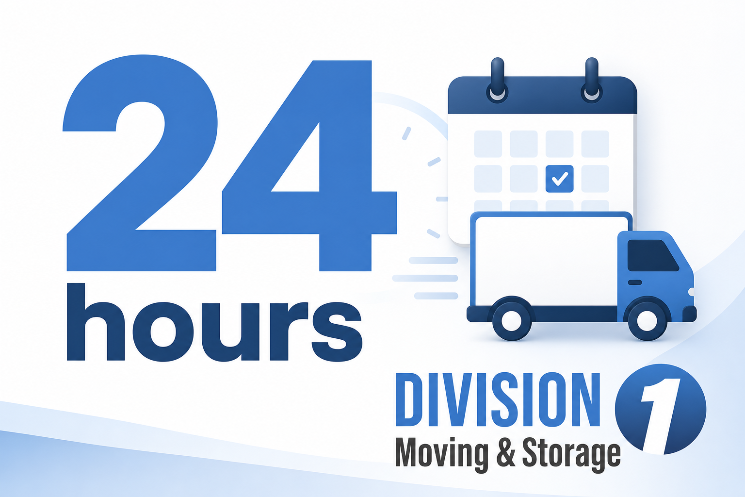 Large “24 hours” text beside a calendar and delivery truck, showing advance notice for interstate move delivery