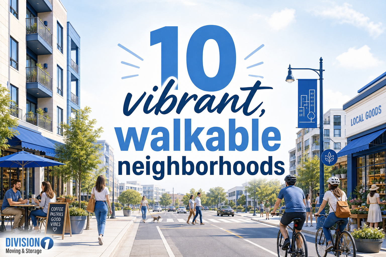 Graphic highlighting “10 vibrant, walkable neighborhoods” with sidewalk cafes, apartments, shops, cyclists, and pedestrians