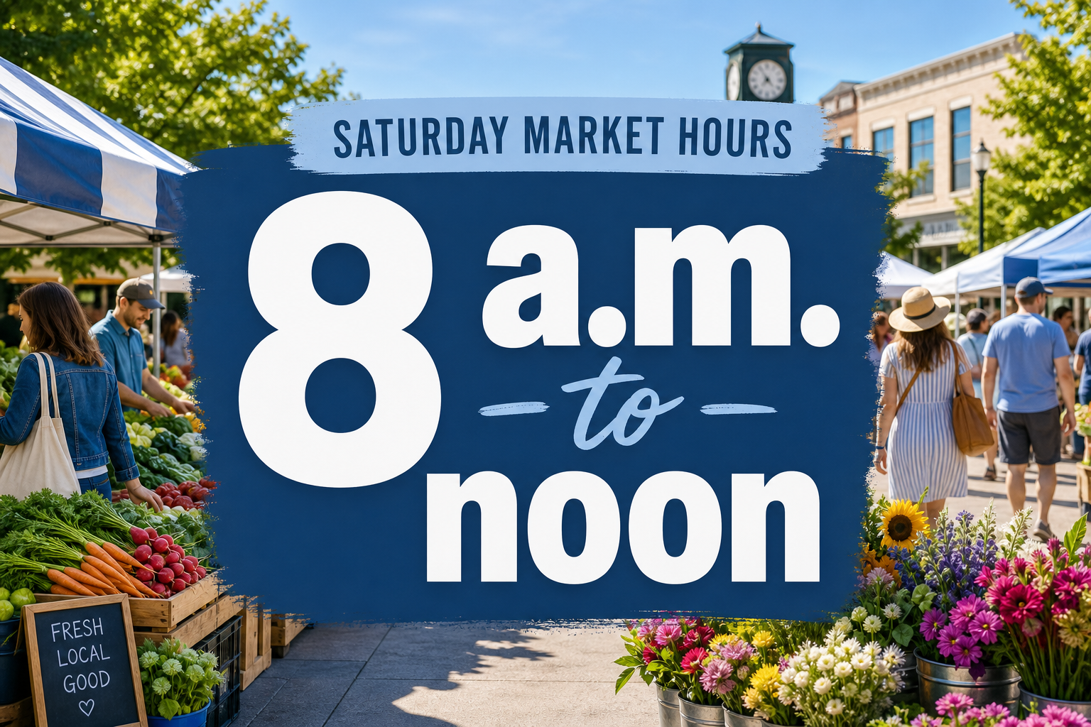 Farmers market graphic with large “8 a.m. to noon” text, produce stands, shoppers, and a sunny neighborhood square