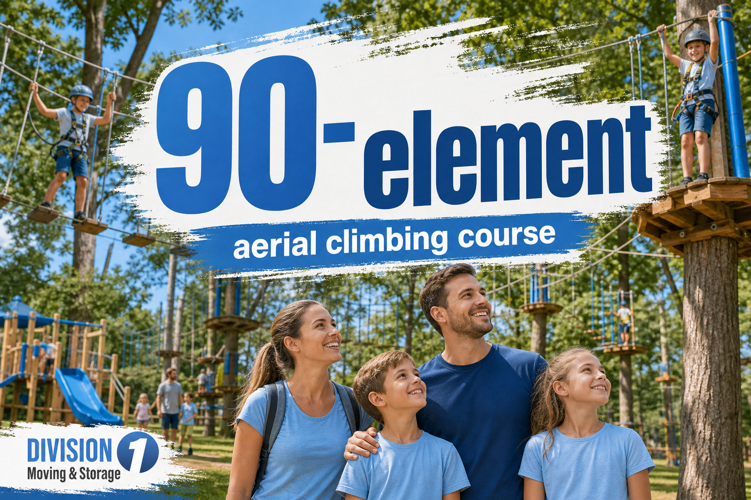 Family-friendly park scene centered on “90-element” with kids on an aerial climbing course and playground equipment