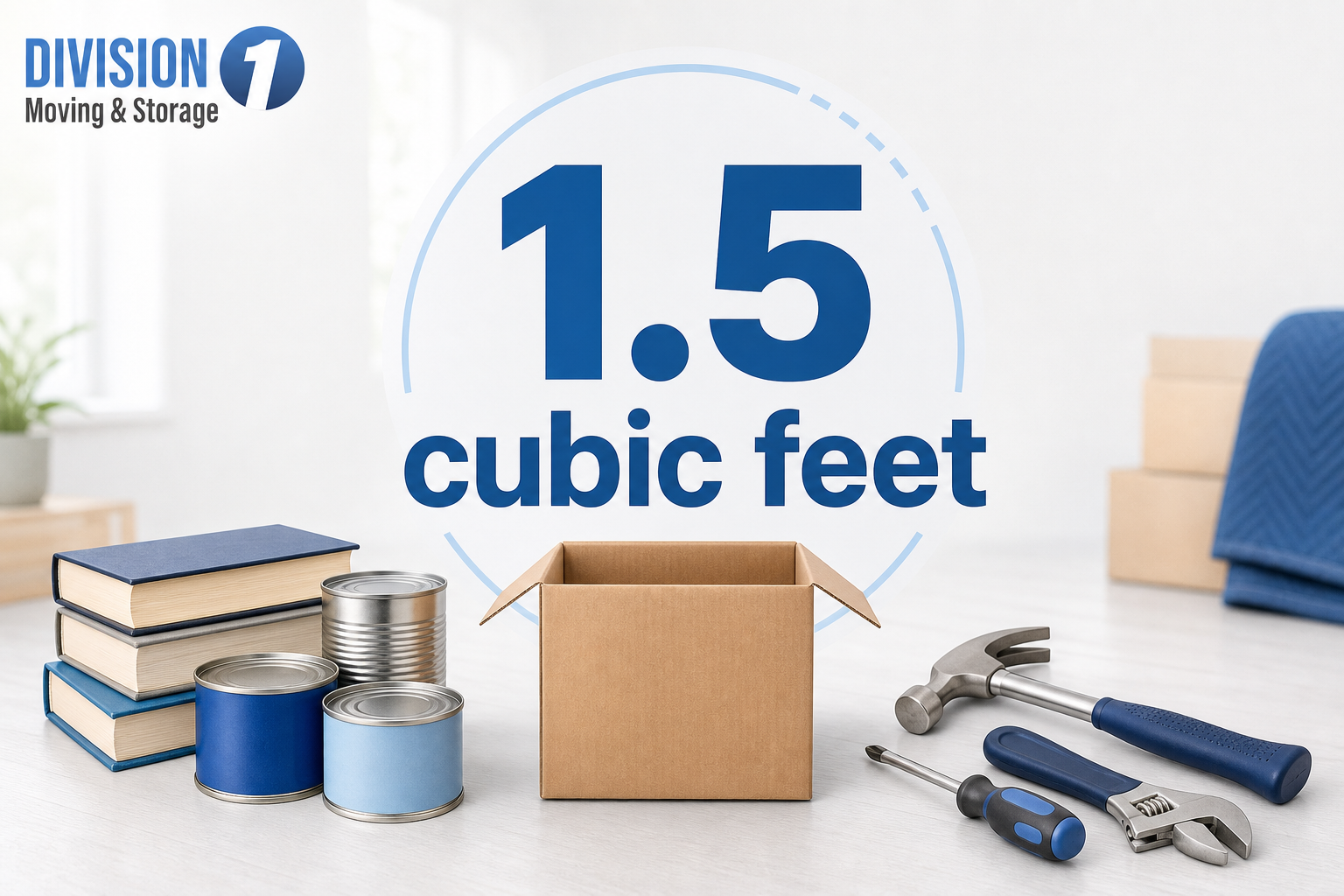 Text reading “1.5 cubic feet” beside a small moving box with books, canned goods, and hand tools showing heavy items belong in smaller cartons