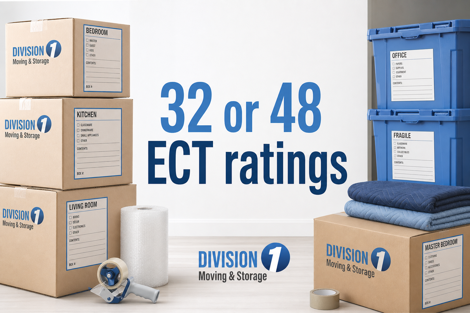 Graphic with “32 or 48 ECT ratings” centered, surrounded by moving cartons, labels, and reusable crates to show box durability matters