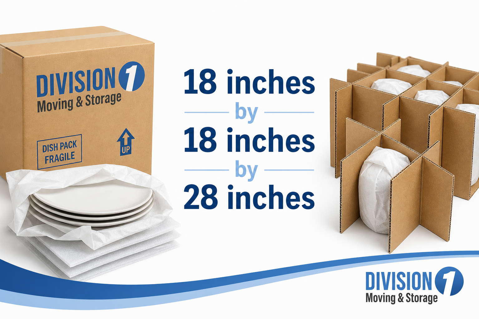 Dish pack box with wrapped plates and cell dividers beside the text “18 inches by 18 inches by 28 inches”