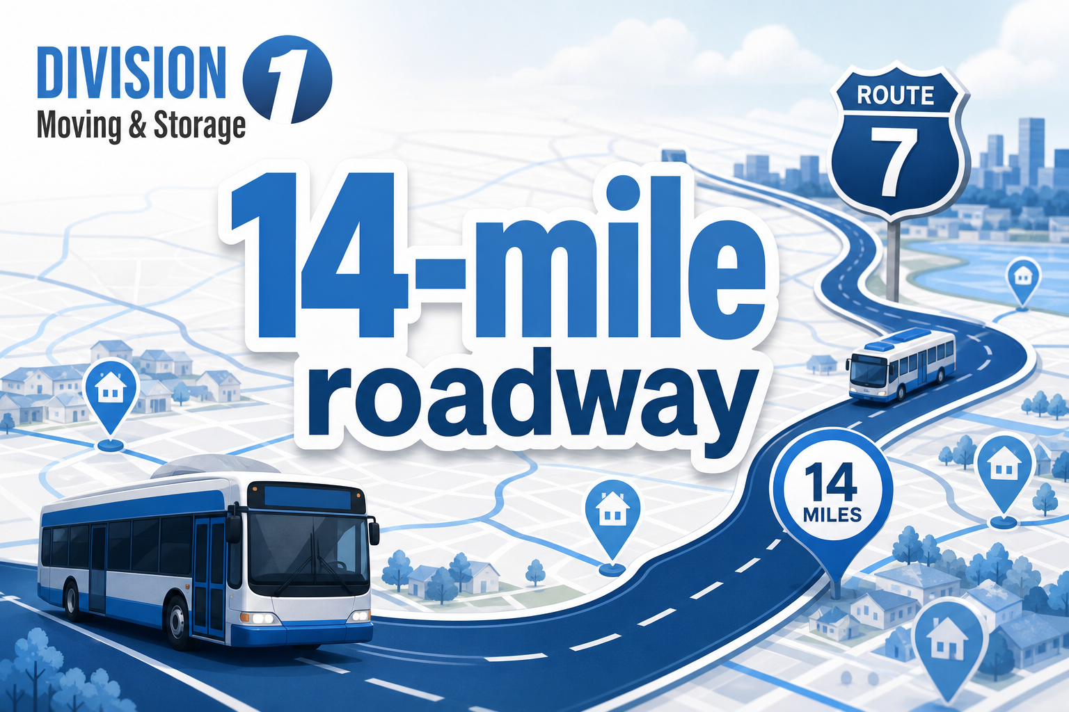 Transportation graphic with “14-mile roadway,” route lines, highway markers, buses, and neighborhood nodes for Northern Virginia commute planning