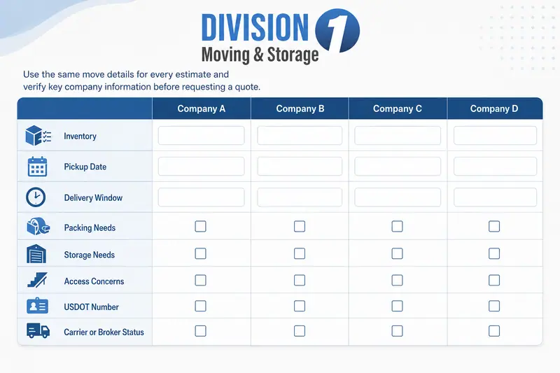 Comparison checklist for interstate movers with columns for companies and rows for inventory, dates, packing, storage, access, USDOT, and status