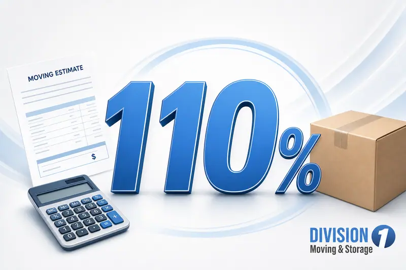 Centered 110% with a moving estimate, calculator, and sealed box illustrating the non-binding estimate limit for interstate movers