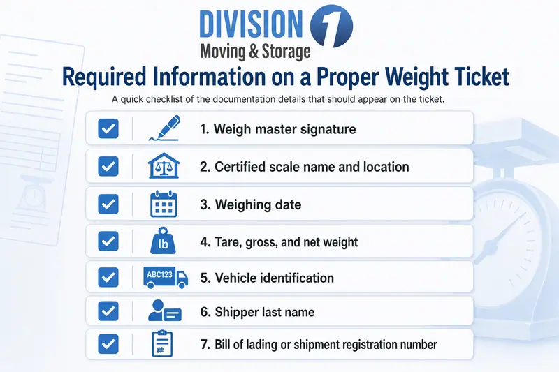 Checklist infographic of a proper weight ticket with signature, scale details, weights, vehicle ID, shipper name, and bill number