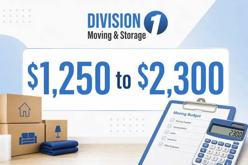 Budget graphic highlighting $1,250 to $2,300 for a local move, with moving boxes, a calculator, and a clipboard in the background