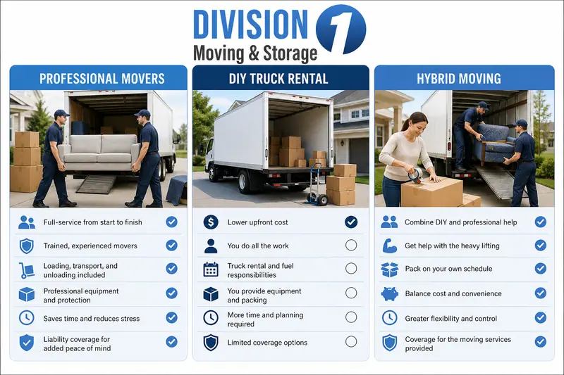 Three-column infographic comparing professional movers, DIY truck rental, and hybrid moving with simple icons for each option