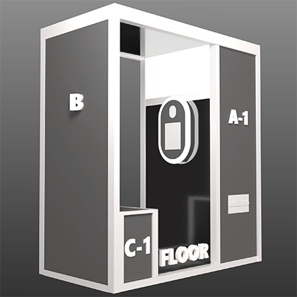 3D diagram of a vintage photo booth labeled with sections A-1, B, and C-1, with the word FLOOR at the bottom center.