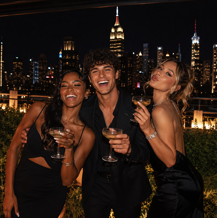 Three friends dressed in black holding drinks and smiling with NYC skyline and Empire State Building at night.