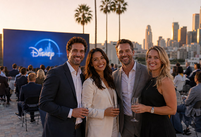Four people dressed formally in front of a photo booth smiling and holding drinks at an outdoor Disney event at sunset in Los Angeles