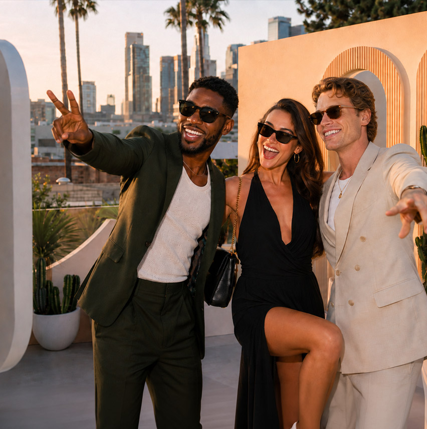Three friends in stylish outfits and sunglasses smiling, posing on a rooftop with Los Angeles skyline behind.