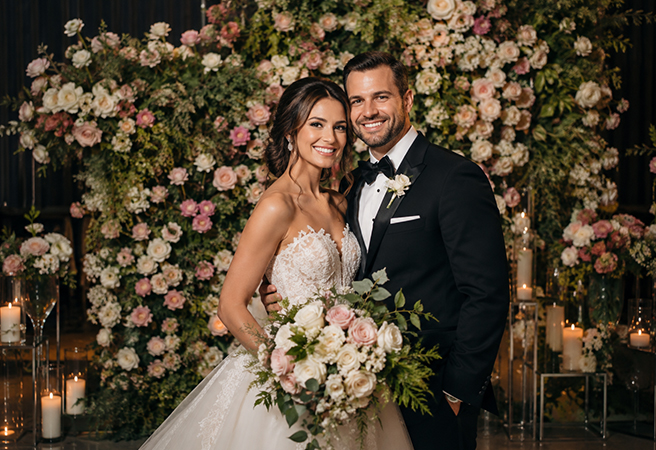 Bride and groom posing in front of a floral backdrop at a Boston wedding reception