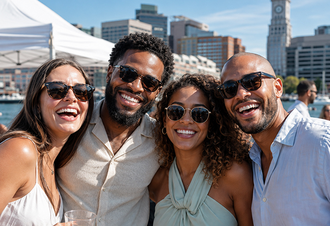Four friends laughing together at an outdoor celebration on the Boston waterfront