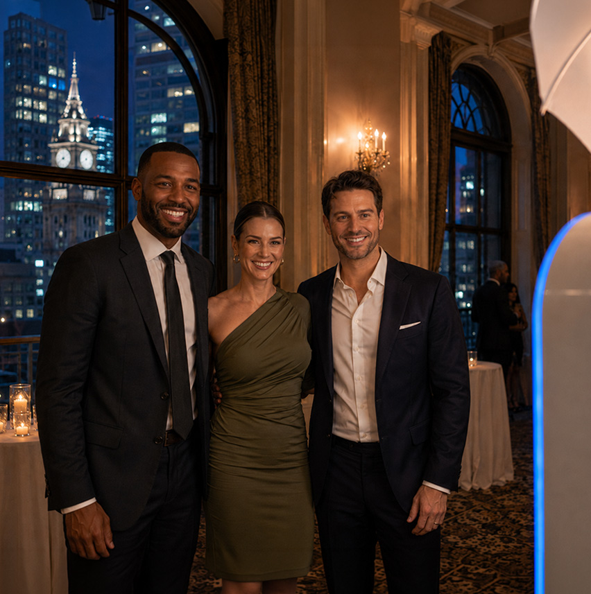 Three guests posing beside a Capture Pod photo booth at an evening event in a Boston ballroom, with the city skyline through the windows
