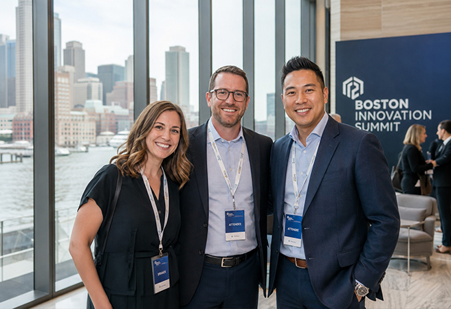 Three attendees at a corporate conference in Boston's Seaport, with the harbor and city skyline behind them