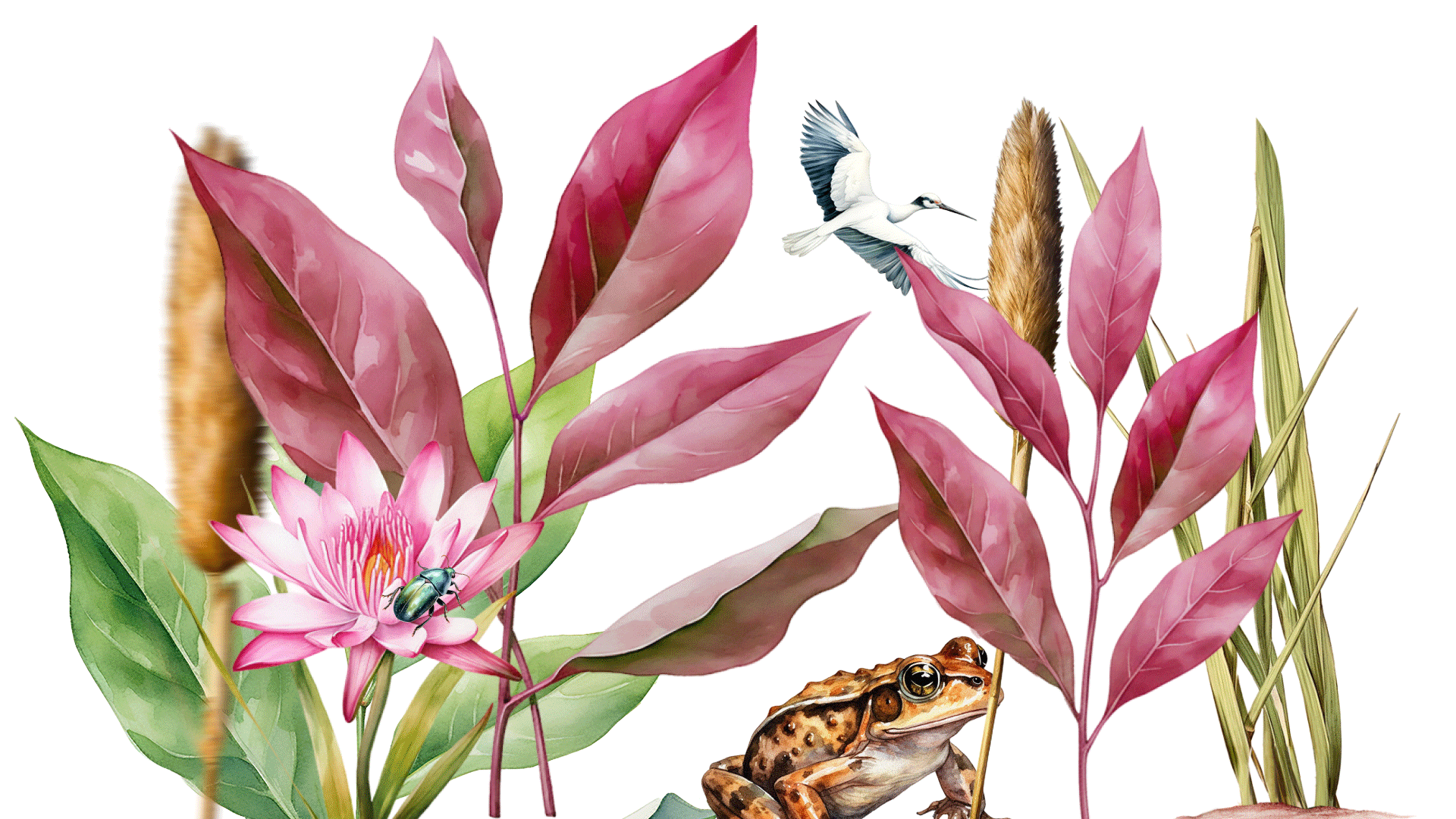 Illustration of pink lotus flower with a green beetle, brown spotted frog, white bird in flight, and various green and purple leaves and plants.