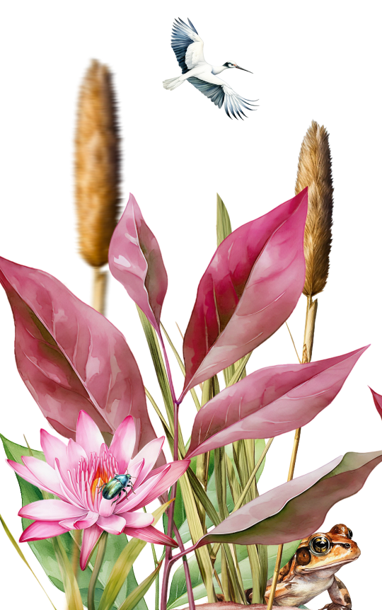 Water lily with a green beetle on a pink flower, brown frog near green and purple leaves, cattails, and a flying white bird above.