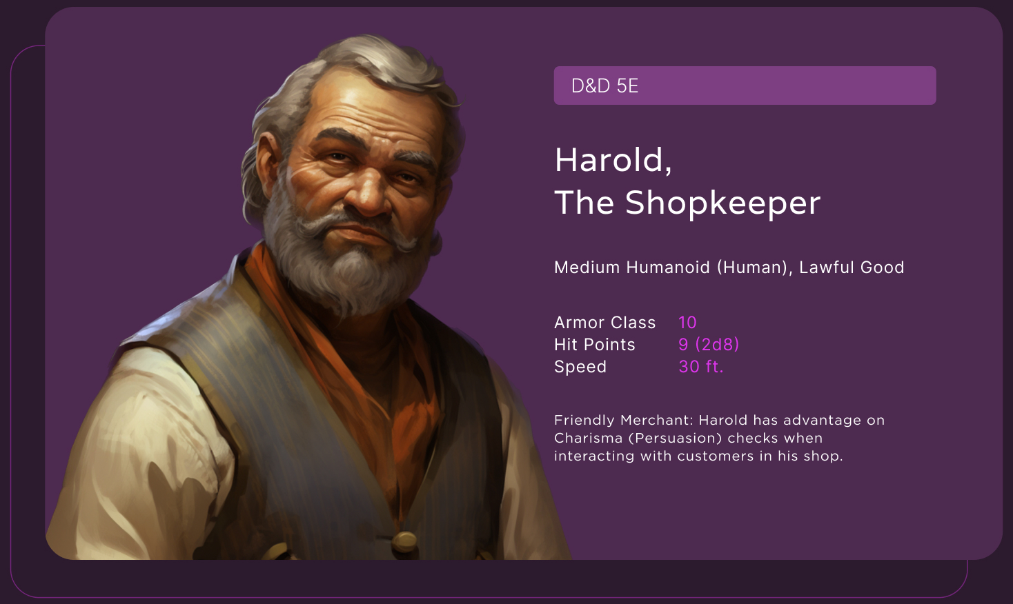 card showing stats of a friendly NPC