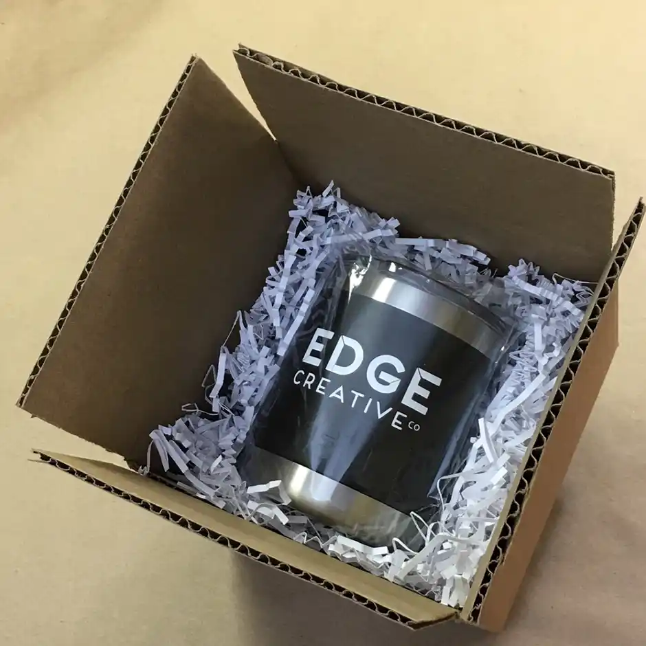 Branded stainless steel travel mug with lid in custom gift box for advertising agency client gifts