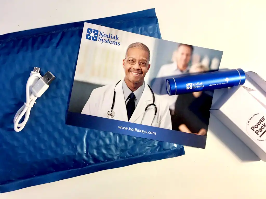 Custom USB phone charger with laser etching plus branded postcard and mailer. Complete promotional package design for tech companies.