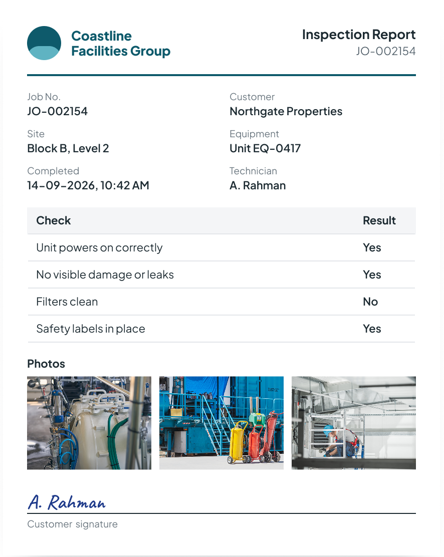Sample FieldEx inspection report PDF with company logo, job details, a checklist with Yes and No results, photos and technician signature