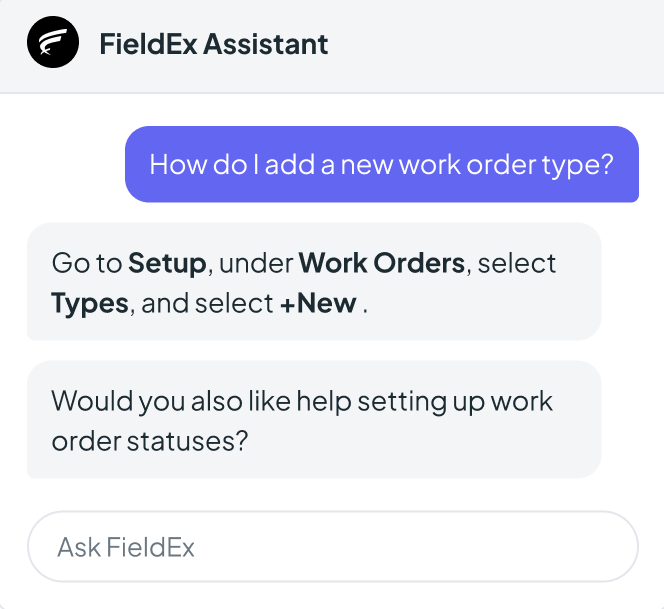 FieldEx AI assistant answering how to add a new job type