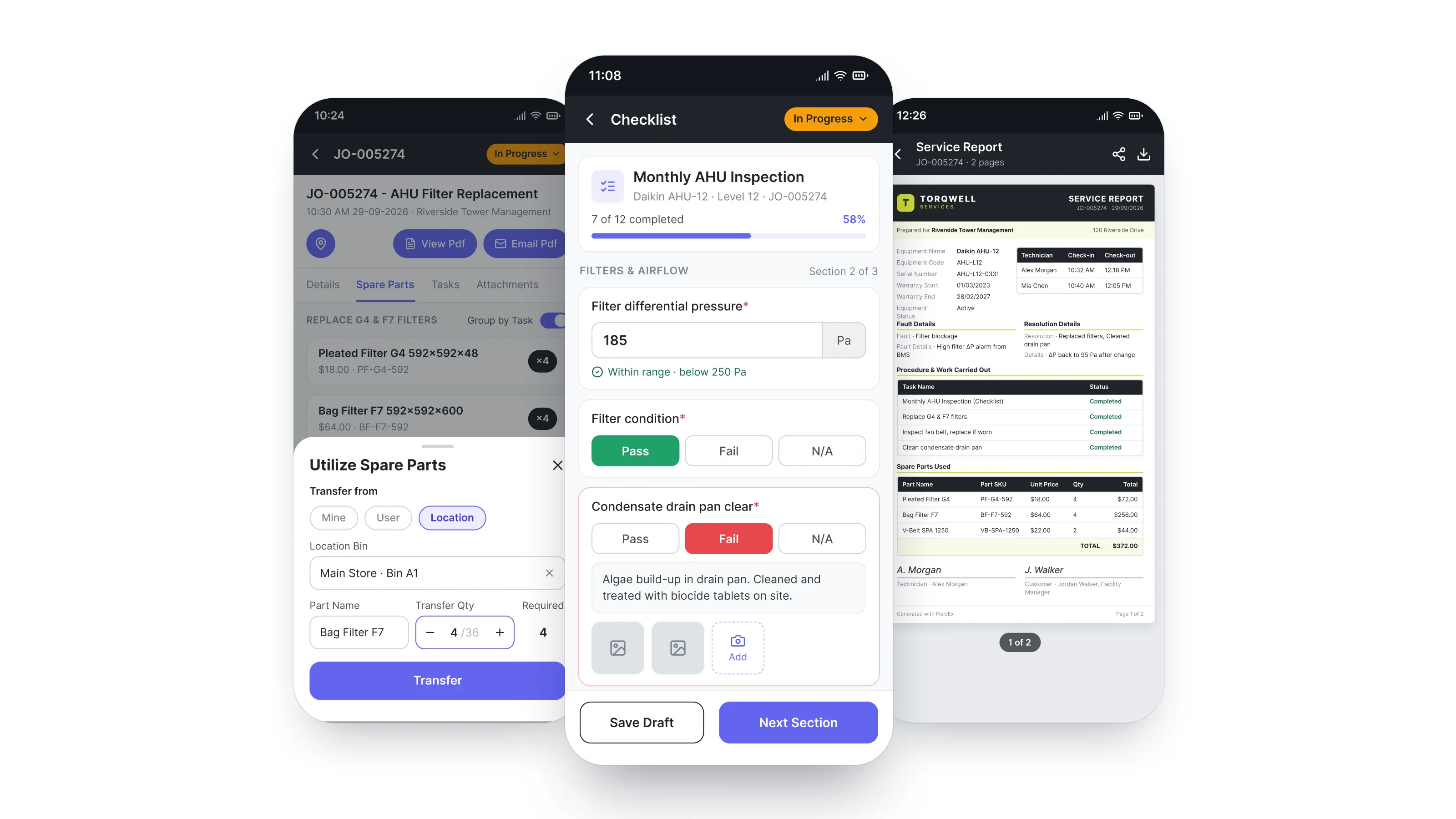 FieldEx mobile app showing a job with spare parts, a checklist and a service report