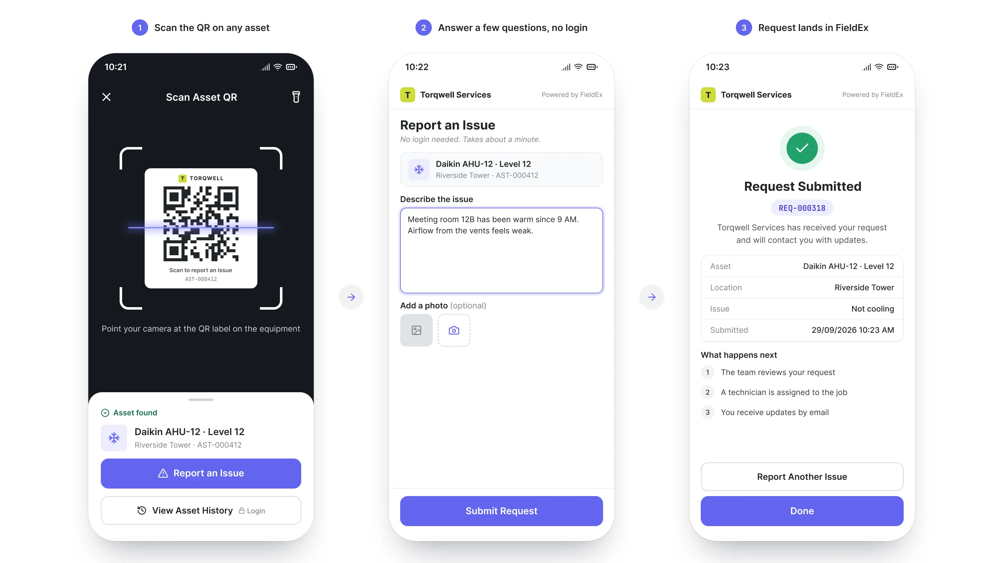 Scanning a QR code to report an issue in FieldEx without logging in