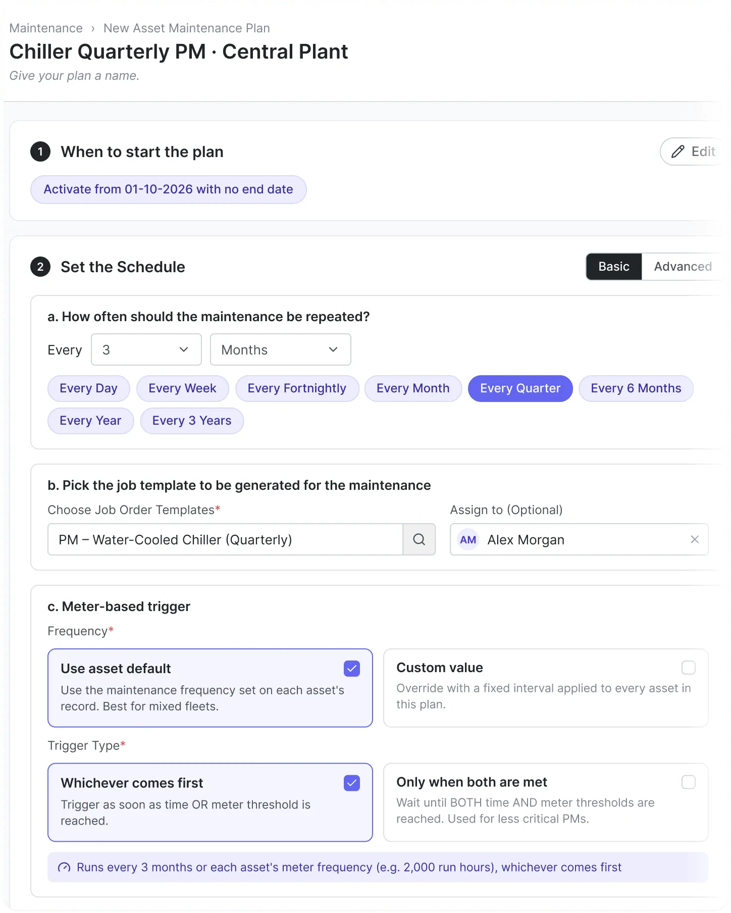 Setting up a preventive maintenance plan in FieldEx with time and meter-based triggers
