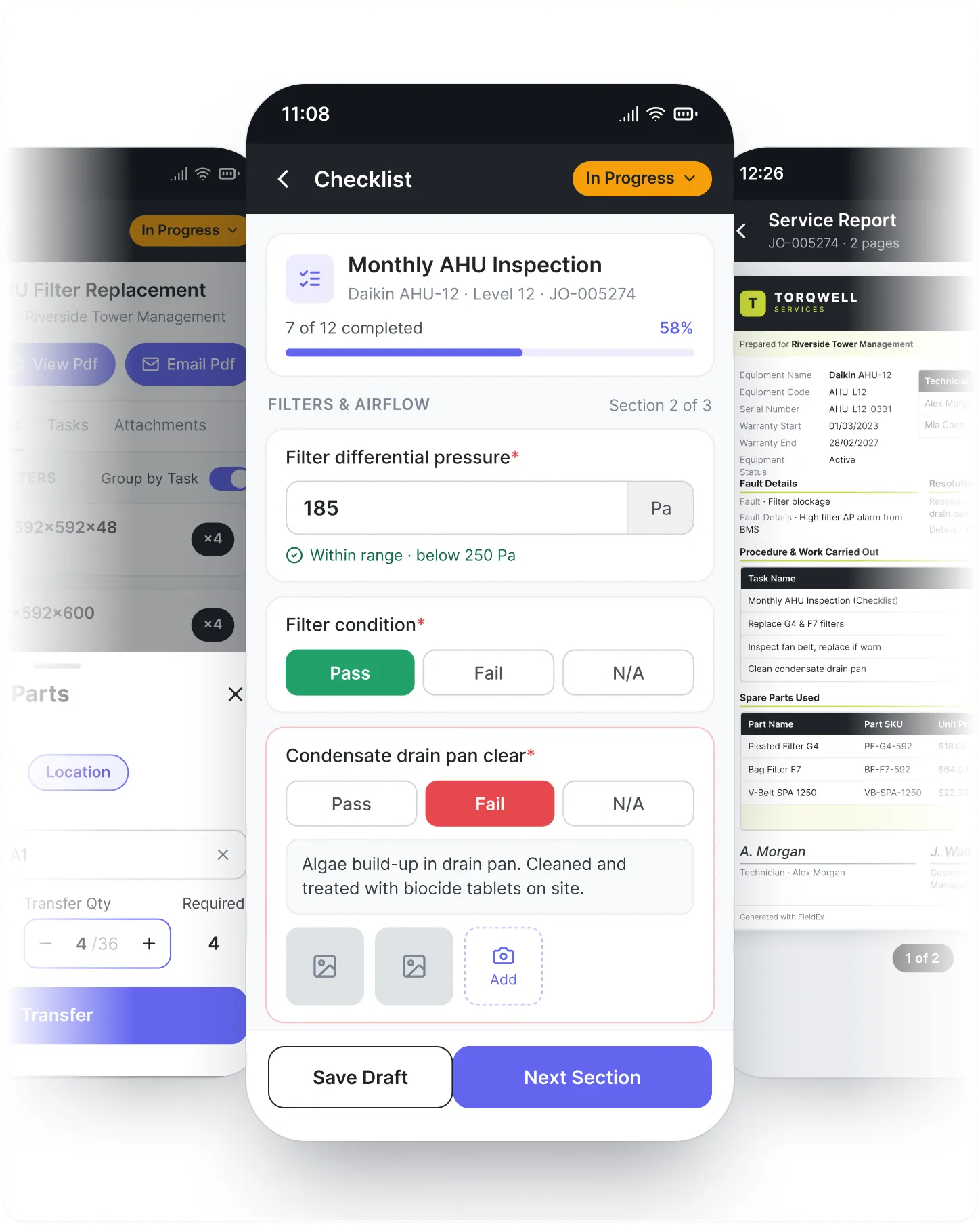 FieldEx mobile app showing a job with spare parts, a checklist and a service report