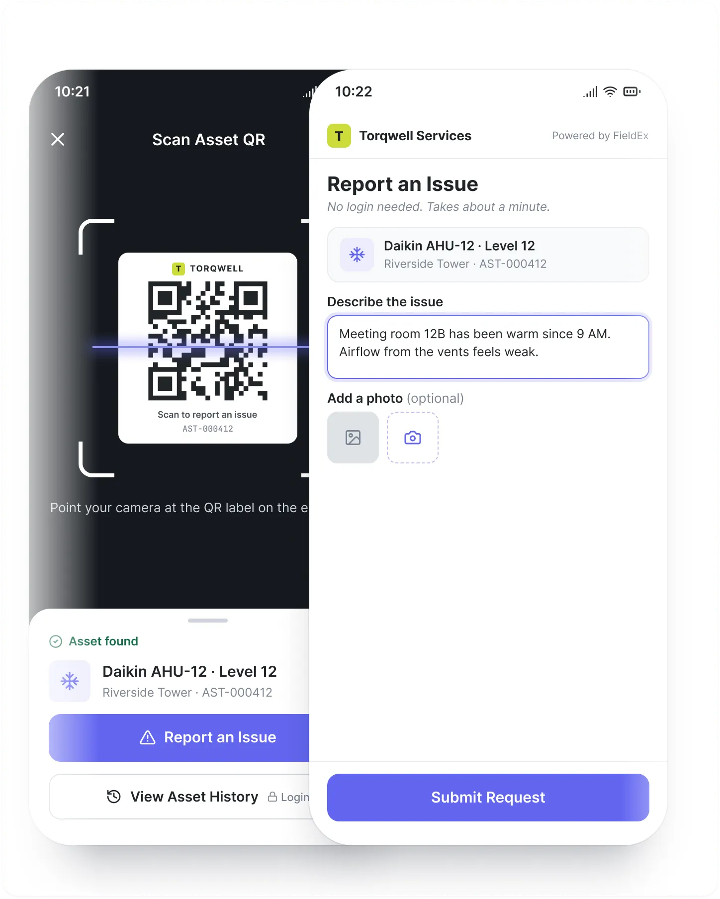 Scanning a QR code to report an issue in FieldEx without logging in