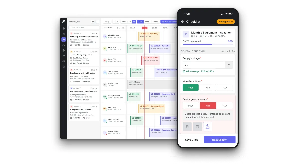 FieldEx scheduling board on desktop with a technician's inspection checklist open on the mobile app, as used by HVAC service teams