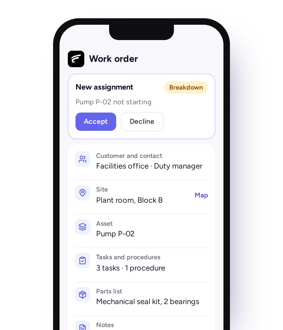 FieldEx app work order with Accept and Decline buttons, showing customer, site with map, asset, tasks, parts list and notes