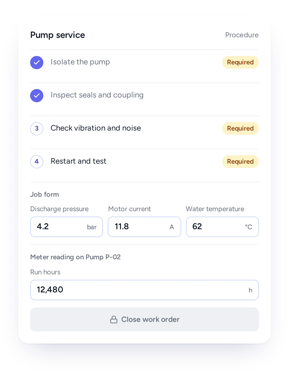 FieldEx procedure with required tasks in order, job form number fields for pressure, current and temperature, and a locked Close work order button