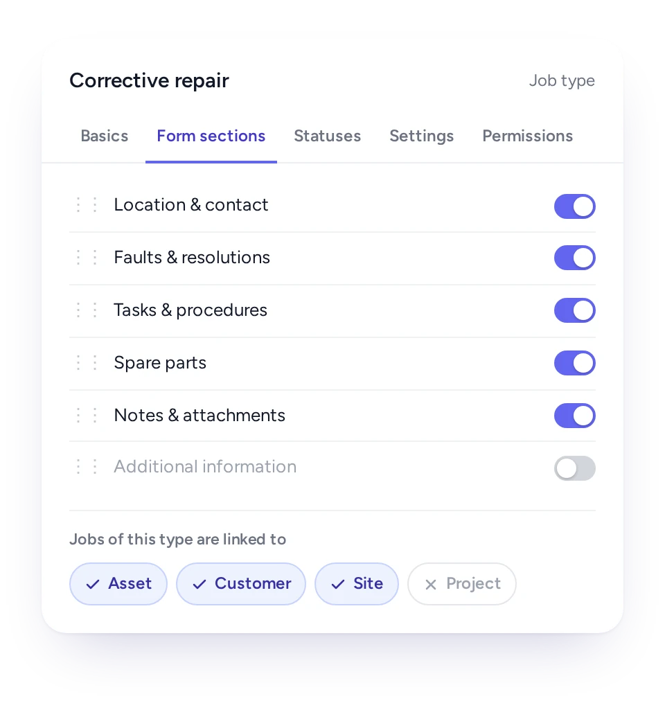 Job type set-up in FieldEx showing the sections each job needs