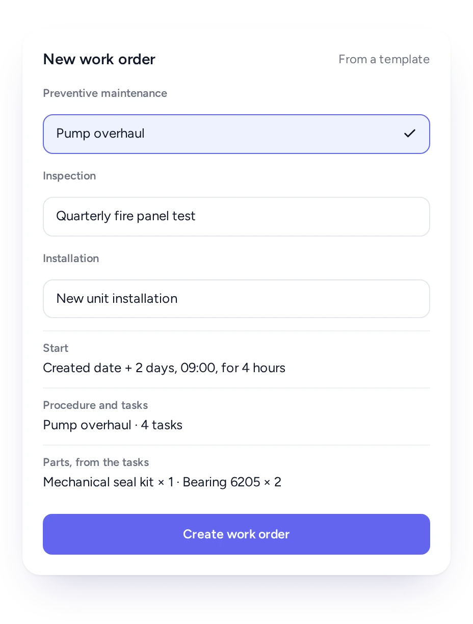 Creating a FieldEx work order from a template, with its start time, procedure, tasks and parts